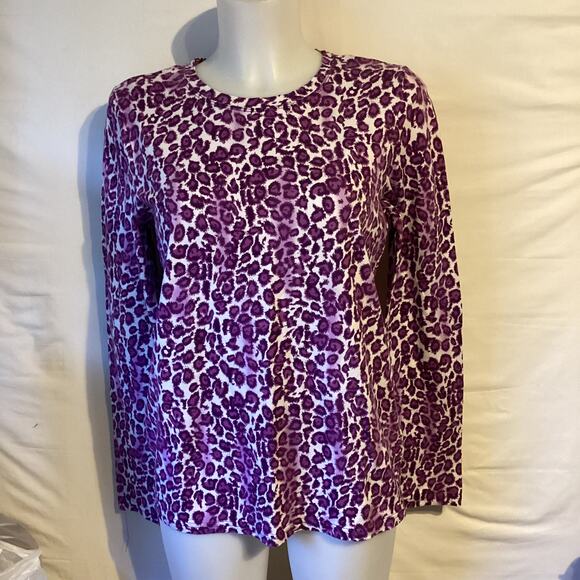 2646 NWOT Hannah Womens Fuzzy Leopard Long Sleeve Crew Neck Purple/White Small - Picture 1 of 2